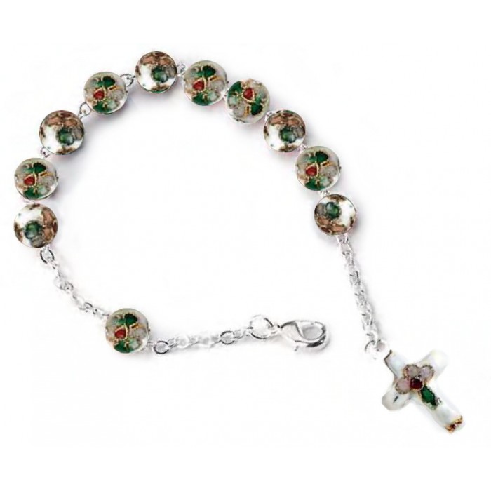 DECINA BRACCIALE CON GRANI E CROCE CLOISONNÉ SMALTO BIANCO