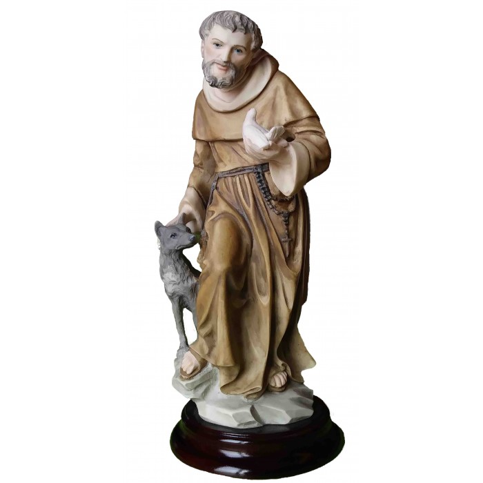 STATUA SAN FRANCESCO D'ASSISI CON LUPO IN POLVERE MARMO