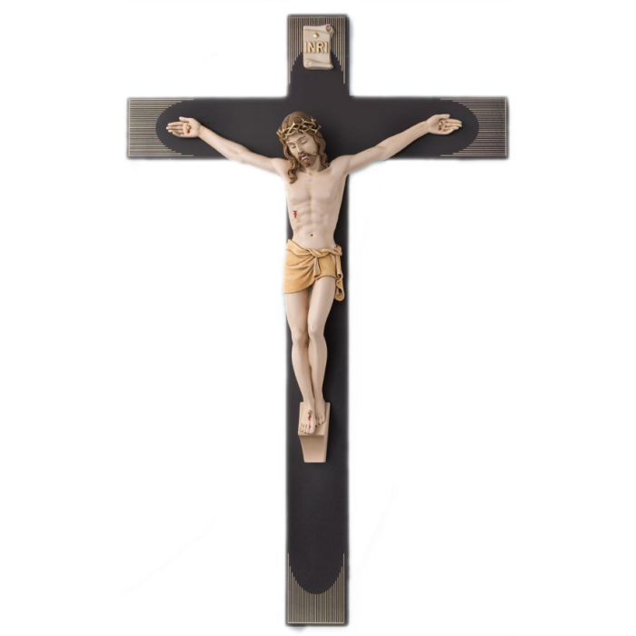 CROCE LEGNO DECORATO E CORPO CRISTO IN PIETRA RICOSTRUITA