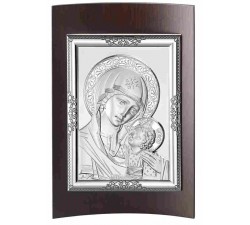 QUADRO MADONNA DI VLADIMIR CON PLACCA ARGENTO E LEGNO NOCE