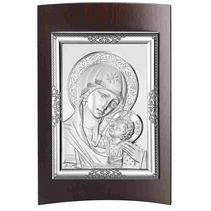 PANNELLO CURVO MADONNA DI VLADIMIR SU PLACCA ARGENTO E LEGNO NOCE