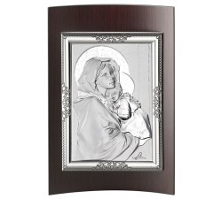 QUADRO MADONNA DI VLADIMIR CON PLACCA ARGENTO E LEGNO NOCE